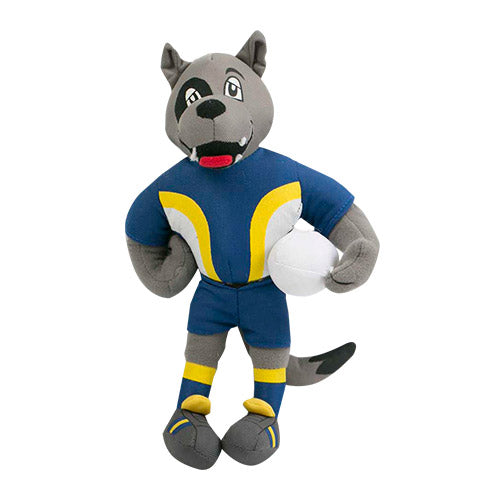 A plush toy resembling a cartoon cowboy mascot in blue and gray colors, holding a white football.
