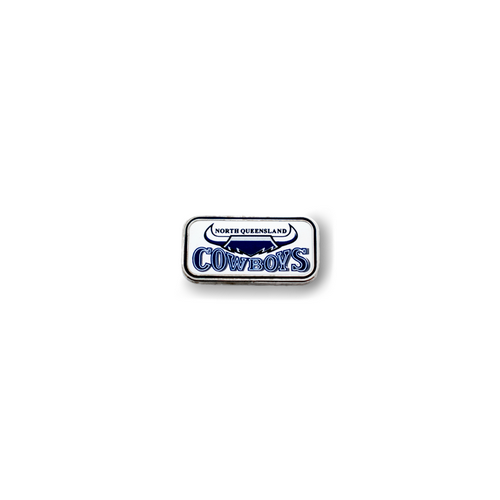 A metal pin with the North Queensland Cowboys retro logo in blue and white colors.