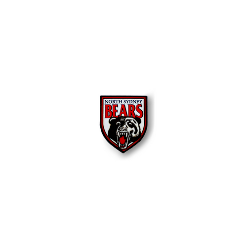 A metal pin badge featuring the North Sydney Bears logo in red, black, and white colors.