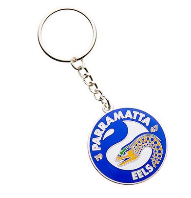 A metal keyring with a Parramatta Eels logo, predominantly blue with a white snake graphic and the text 'PARRAMAatta EELS'.