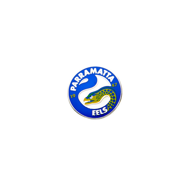 A metal pin featuring the Parramatta Eels logo with a blue, white, and red design and a depiction of a snake.