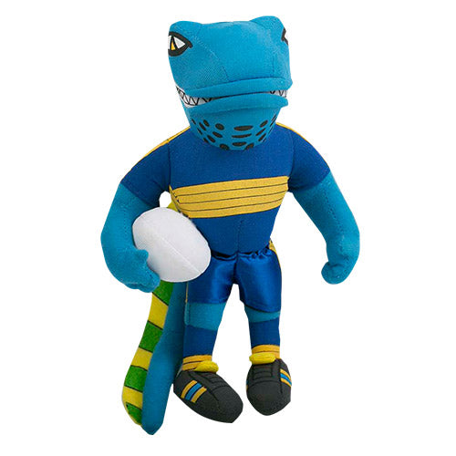 A plush toy resembling a blue and yellow rugby mascot holding a white football, with a green and yellow belt and shoes.