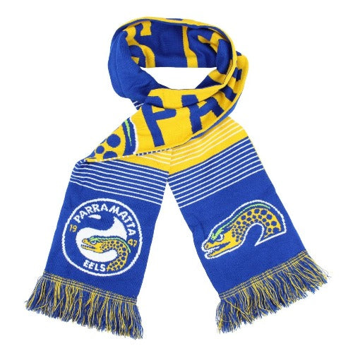 A blue, yellow, and navy striped scarf with a Parramatta Eels logo and graphic.