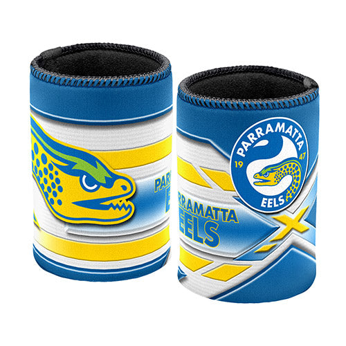 Parramatta Eels stubby cooler with logo and colors, suitable for standard 375ml cans.