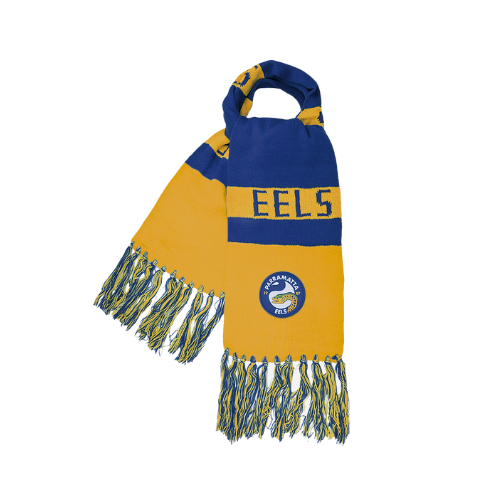 A traditional knit scarf featuring yellow, blue, and yellow colors with 'EELS' text and a logo on the front.