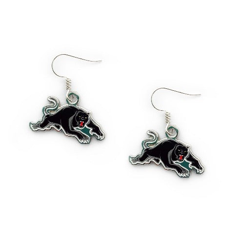 A pair of dangle earrings featuring the Penrith Panthers logo in black, with red and green accents, on a white background.