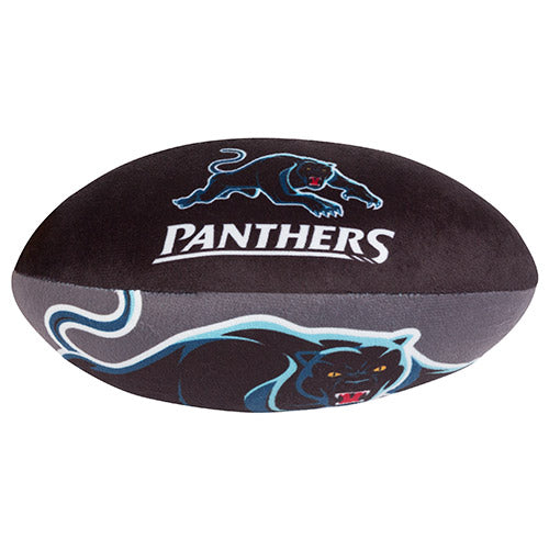 A plush toy resembling a black Penrith panthers football with a team logo on it.