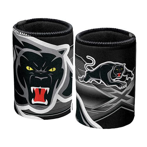 neoprene stubby coolers featuring the Penrith panthers logo in black and white colors.