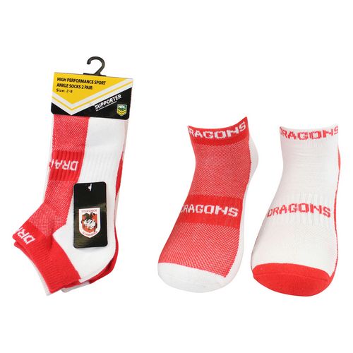 St George Illawarra Dragons Ankle Socks High Performance Sport Socks 2pk
Two alternate Team Colour designs in each pack
Sizes (2 - 8), (7 - 11)  (11 - 14)