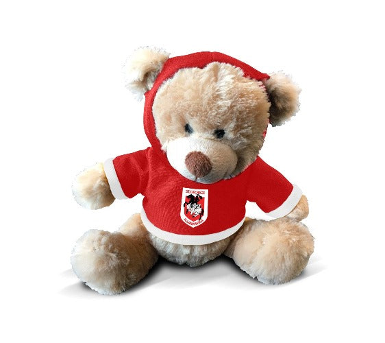 A plush teddy bear wearing a red hoodie with a white and red team logo on the front.