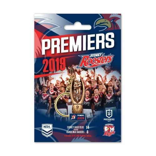 A 3D trophy keyring featuring the Sydney roosters 2019 Premiership win