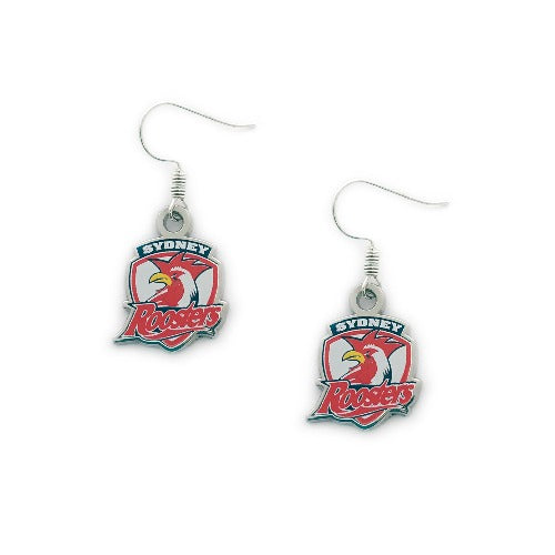 A pair of stainless steel earrings featuring the Sydney Roosters logo.
