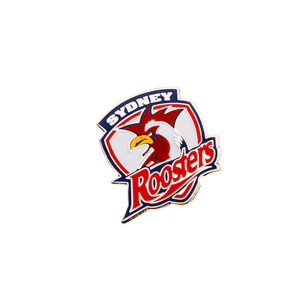 A pin badge featuring the Sydney Roosters logo, predominantly blue with red and white accents, and an emblem of a rooster in the center.