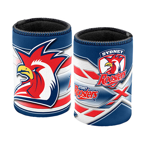 neoprene stubby coolers featuring the Sydney roosters logo in red and blue colors.