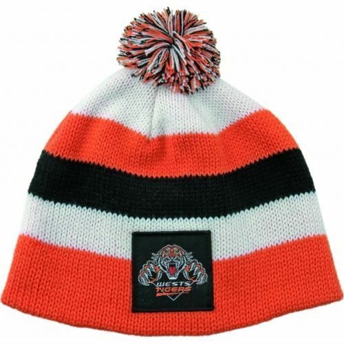 A striped knit beanie with a tiger logo on the fold, predominantly orange with white and black stripes with a pom pom on top