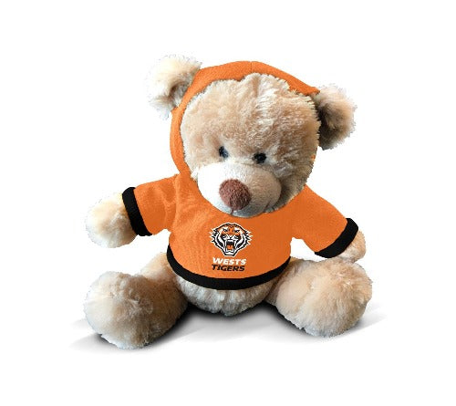 A plush teddy bear wearing an orange hoodie with the Wests Tigers logo.