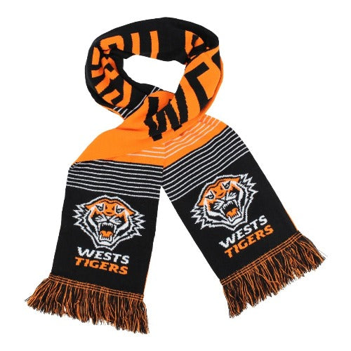 A black, white, and orange striped scarf with a Wests Tigers logo and graphic.